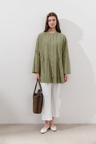 Pleated Wide-Sleeve Tunic Pistachio
