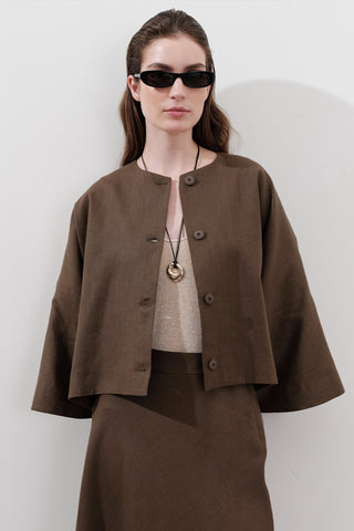 Short Linen Jacket With Wide Sleeves Dusty Brown