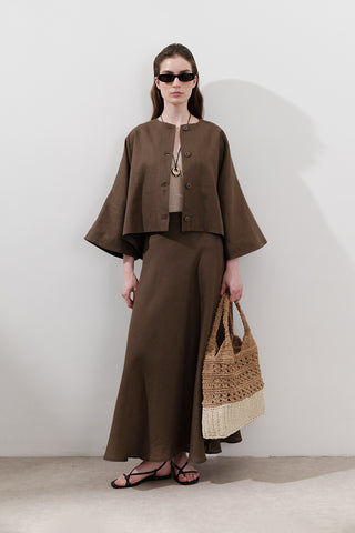 Short Linen Jacket With Wide Sleeves Dusty Brown