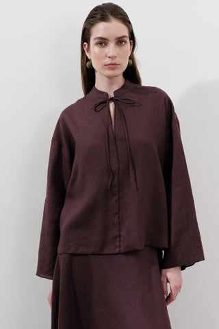 Linen Tie-Front Blouse Damson