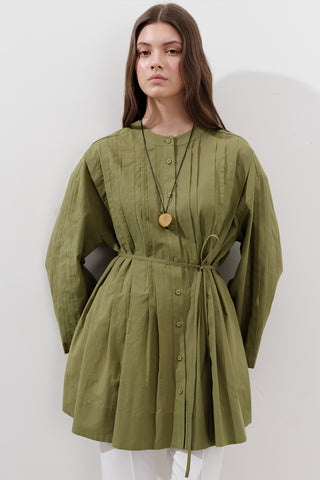 Pleated Wide-Sleeve Tunic Green