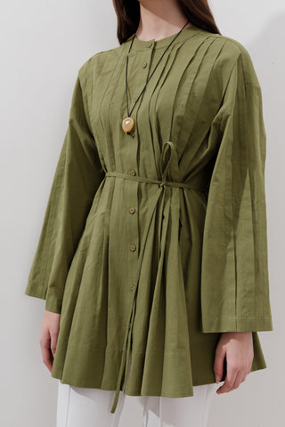 Pleated Wide-Sleeve Tunic Green