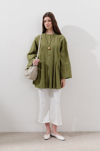 Pleated Wide-Sleeve Tunic Green