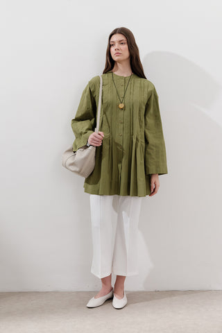 Pleated Wide-Sleeve Tunic Green