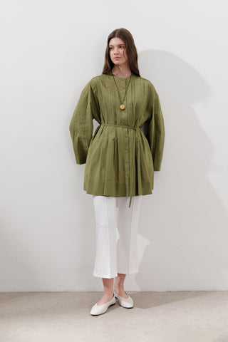 Pleated Wide-Sleeve Tunic Green