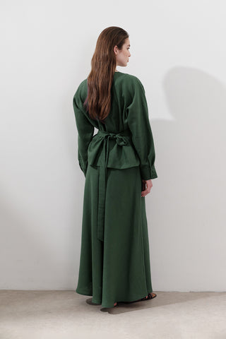 Çapraz Bağlamalı Keten Bluz Mavi Yeşil