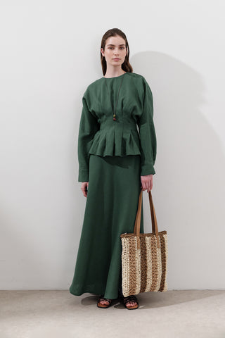 Keten Dikiş Detaylı Etek Teal