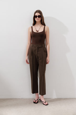 Pileli Tencel Pantolon Koyu Kahverengi