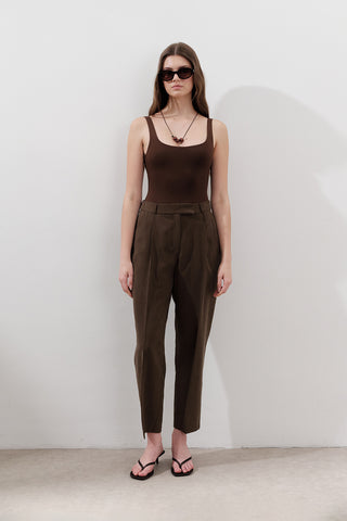 Pileli Tencel Pantolon Koyu Kahverengi