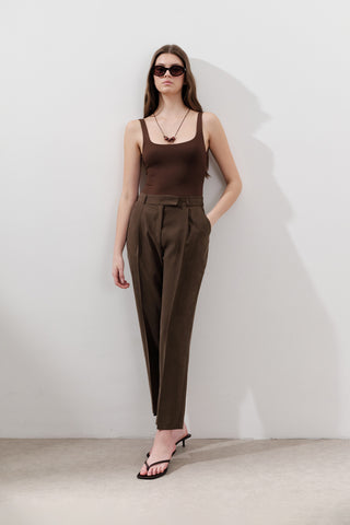 Pileli Tencel Pantolon Koyu Kahverengi