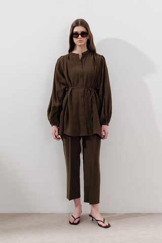 Pileli Tencel Pantolon Koyu Kahverengi