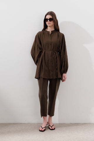 Pileli Tencel Pantolon Koyu Kahverengi