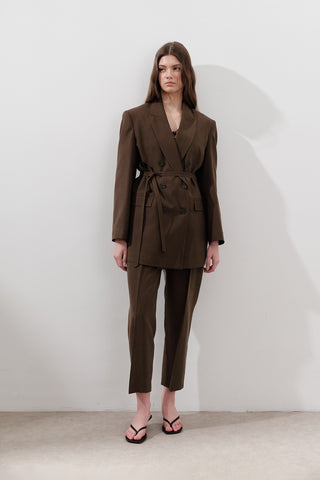 Pileli Tencel Pantolon Koyu Kahverengi