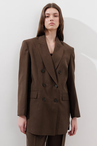 Tencel Belted Double-Breasted Blazer Dark Brown