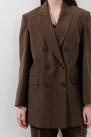 Tencel Belted Double-Breasted Blazer Dark Brown