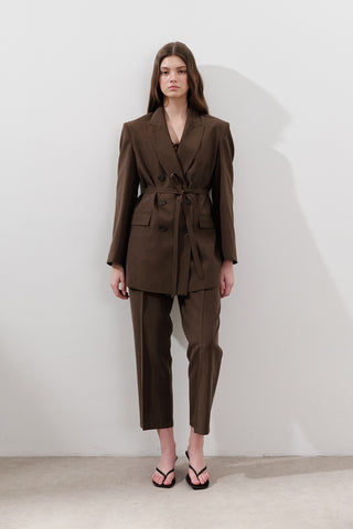 Tencel Belted Double-Breasted Blazer Dark Brown