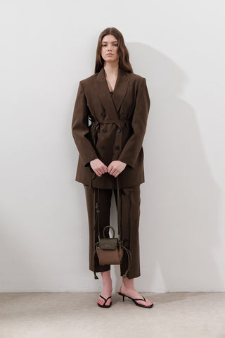 Tencel Belted Double-Breasted Blazer Dark Brown