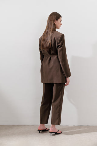 Tencel Belted Double-Breasted Blazer Dark Brown