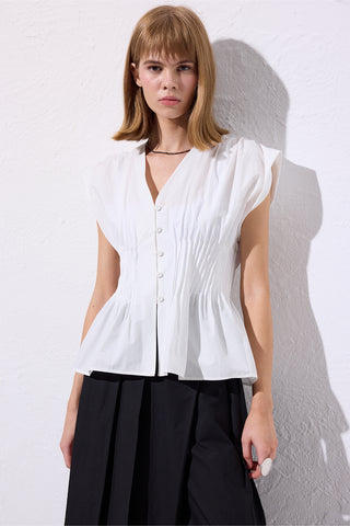Sleeveless Pleated Blouse Ecru