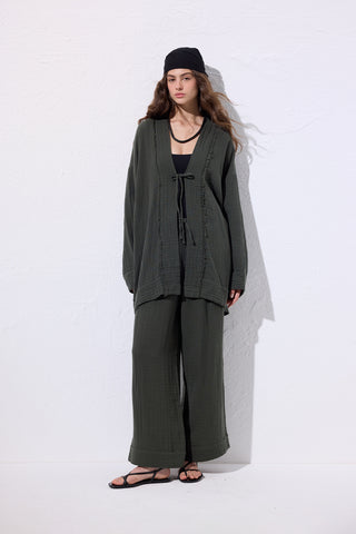 Muslin Wide-Sleeve Kimono Dark Green
