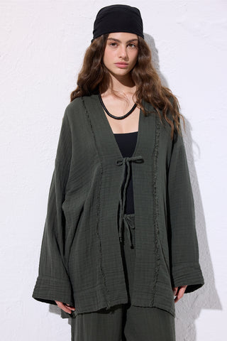 Muslin Wide-Sleeve Kimono Dark Green