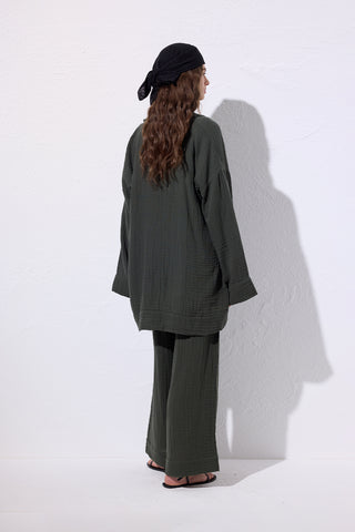 Muslin Wide-Sleeve Kimono Dark Green