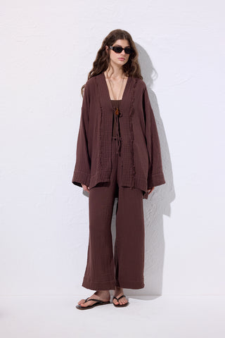 Muslin Wide-Sleeve Kimono Dark Brown