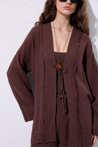 Muslin Wide-Sleeve Kimono Dark Brown