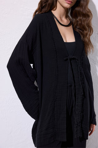 Muslin Wide-Sleeve Kimono Black