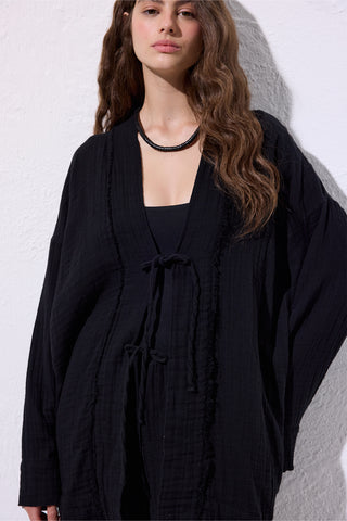 Muslin Wide-Sleeve Kimono Black