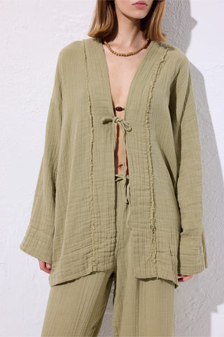 Muslin Wide-Sleeve Kimono Sage Green