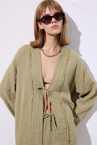 Muslin Wide-Sleeve Kimono Sage Green