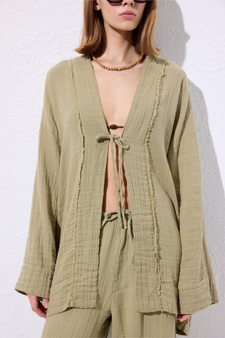 Muslin Wide-Sleeve Kimono Sage Green