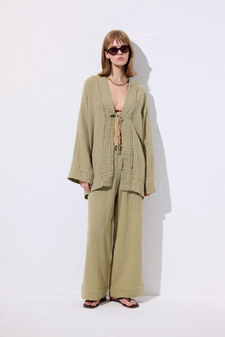 Muslin Wide-Sleeve Kimono Sage Green