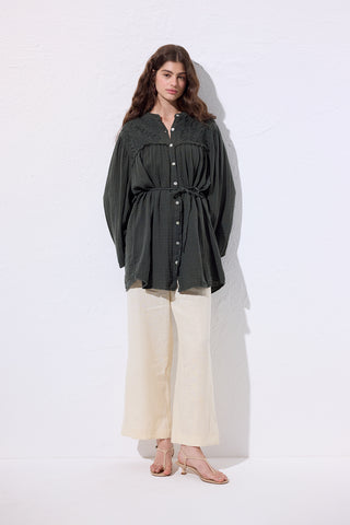 Embroidered Muslin Shirt Dark Green