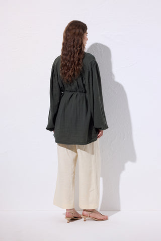 Embroidered Muslin Shirt Dark Green