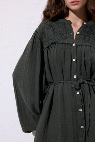 Embroidered Muslin Shirt Dark Green