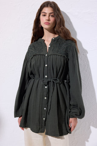 Embroidered Muslin Shirt Dark Green