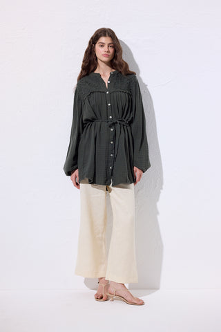 Embroidered Muslin Shirt Dark Green