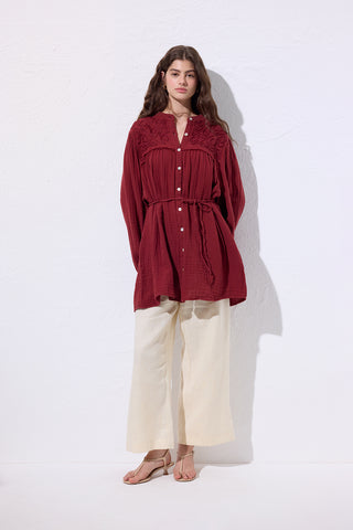Embroidered Muslin Shirt Red