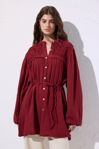 Embroidered Muslin Shirt Red