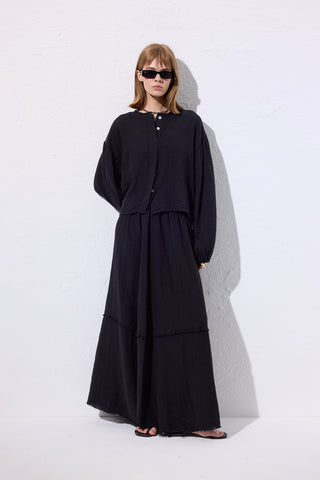 Muslin Puff-Sleeve Crop Blouse Black