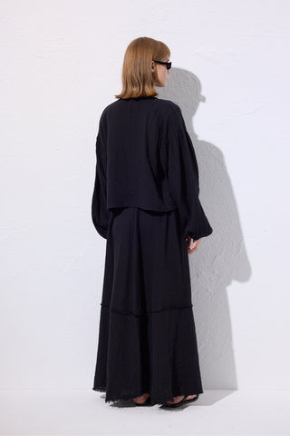 Muslin Puff-Sleeve Crop Blouse Black