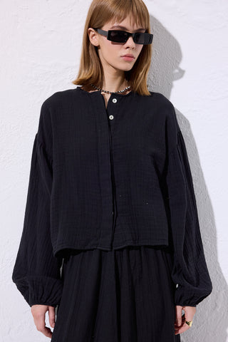 Muslin Puff-Sleeve Crop Blouse Black