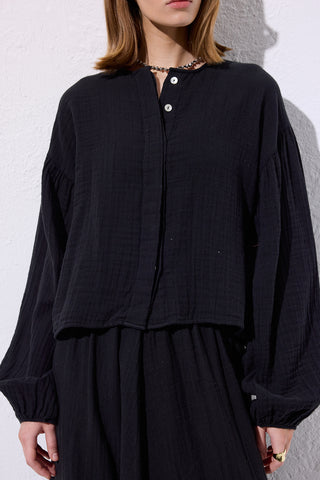 Muslin Puff-Sleeve Crop Blouse Black