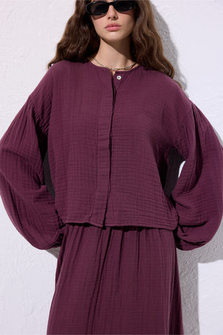 Muslin Puff-Sleeve Crop Blouse Damson