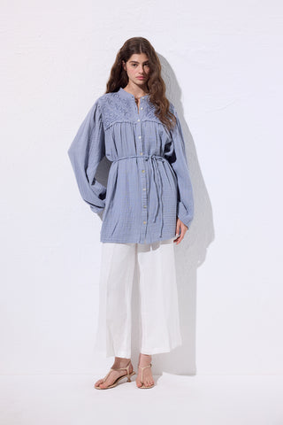 Embroidered Muslin Shirt Blue