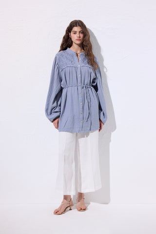 Embroidered Muslin Shirt Blue