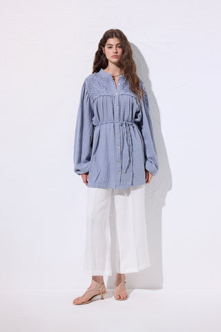 Embroidered Muslin Shirt Blue