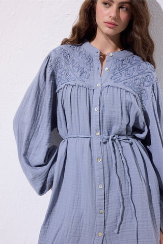 Embroidered Muslin Shirt Blue